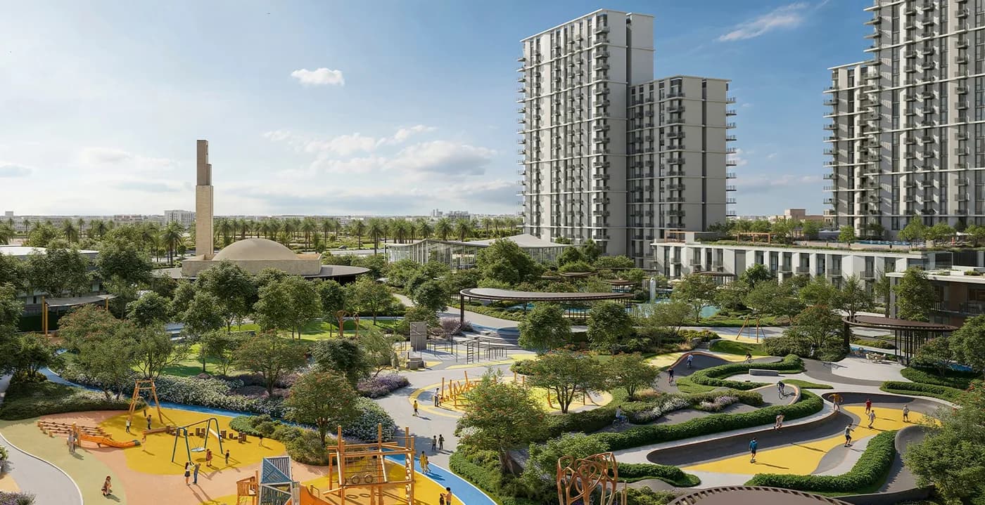 Official render of a landscaped park and playground beside residential towers at Greencrest, Dubai Hills Estate