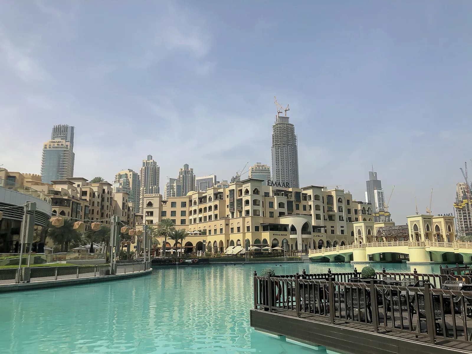 Souk Al Bahar bridge and arcades with Downtown towers behind