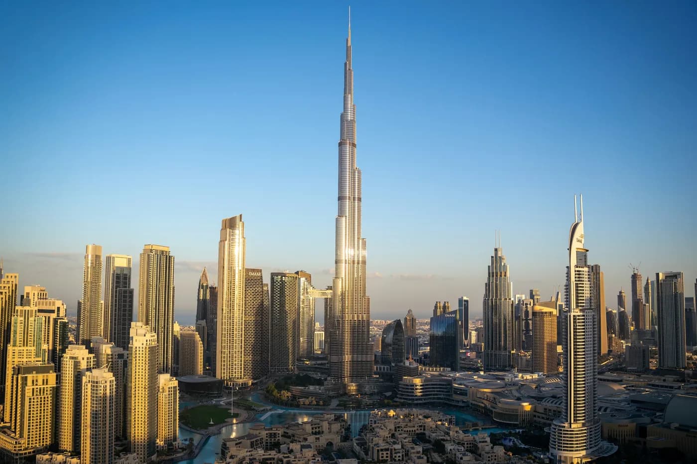 Burj Khalifa at golden hour against a blue sky